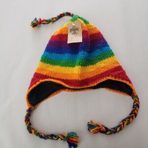 Cheveux Rainbow Striped Wool Earflap Beanie Hat Hand Made Nepal Fleece Lined NEW